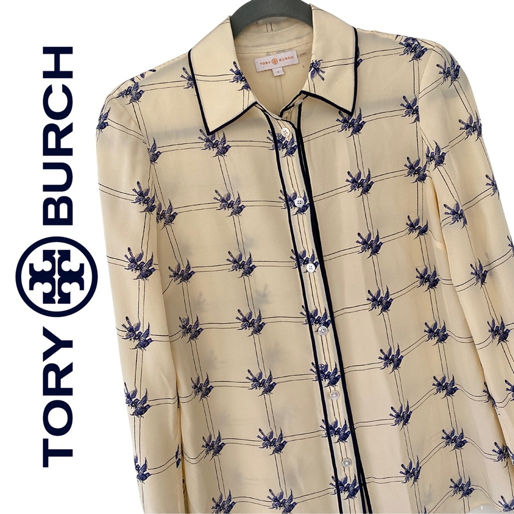 Tory Burch, 100% Silk, Bird Print Button-down Long Sleeve Blouse, Cream, Blue